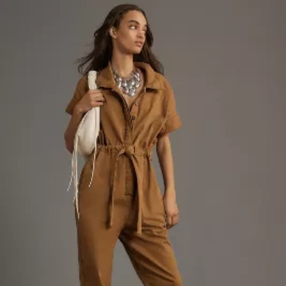 Anthropologie Camel Brown Cropped Jumpsuit